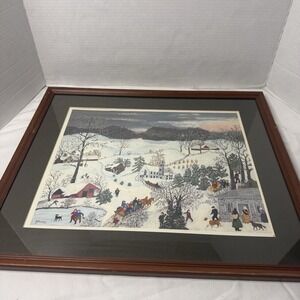 Grandma Moses "It Snows, Oh it Snows" Print Green Mat Framed 20" x 16" Winter